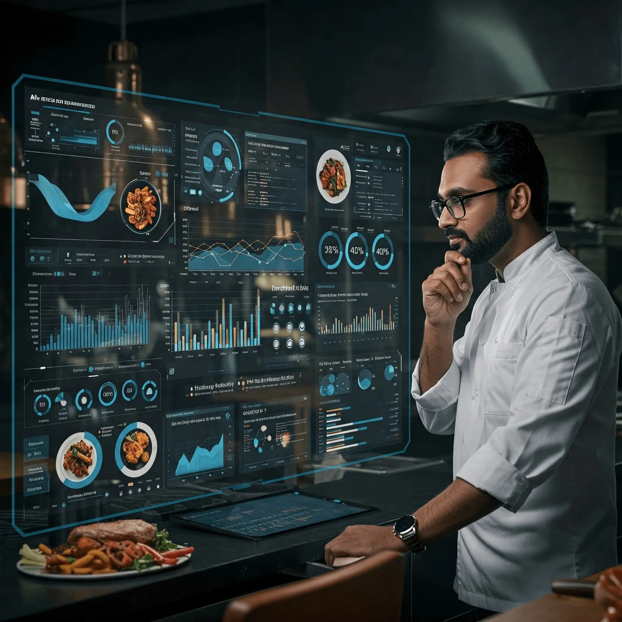 Chef analysing AI-powered restaurant analytics dashboard